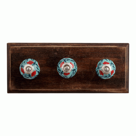 Sea Green Flower Ceramic Wooden Hooks